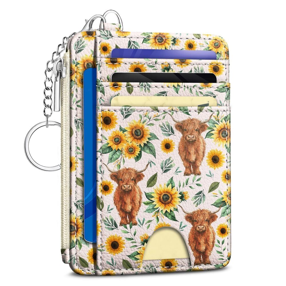 3351 Highland Cow Sunflower Credit Card Holder Small Wallet , Slim RFID